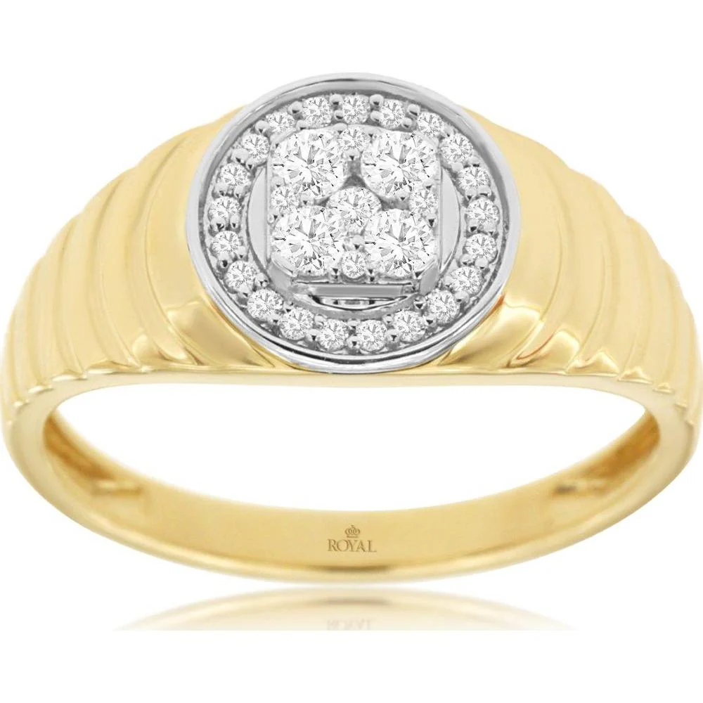 14K Yellow Gold Men's Halo Diamond Ring with Round Diamond Cluster Center - 0.35 Carat Total Diamond Weight - Royal Jewelry