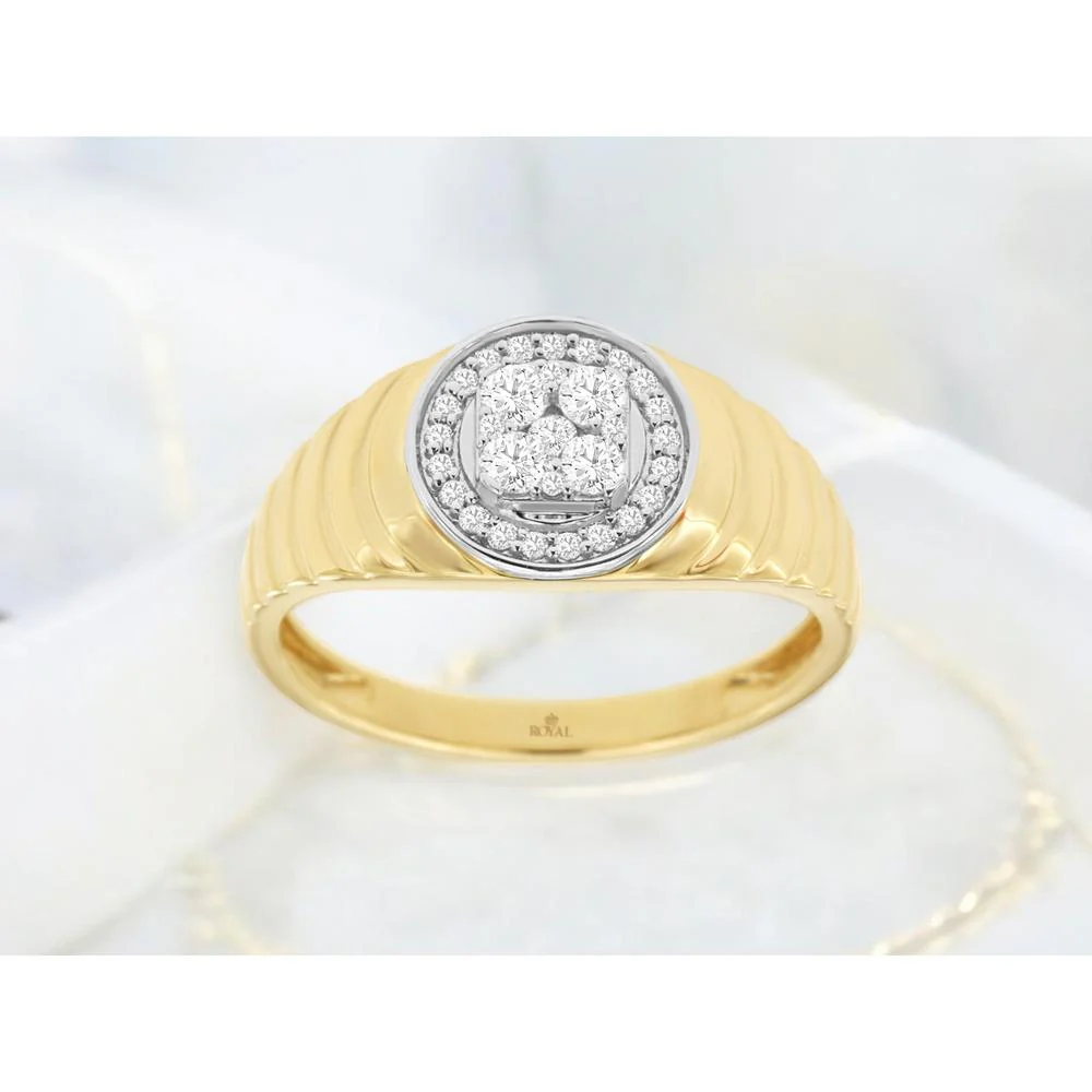 14K Yellow Gold Men's Halo Diamond Ring with Round Diamond Cluster Center - 0.35 Carat Total Diamond Weight - Royal Jewelry - Image 2
