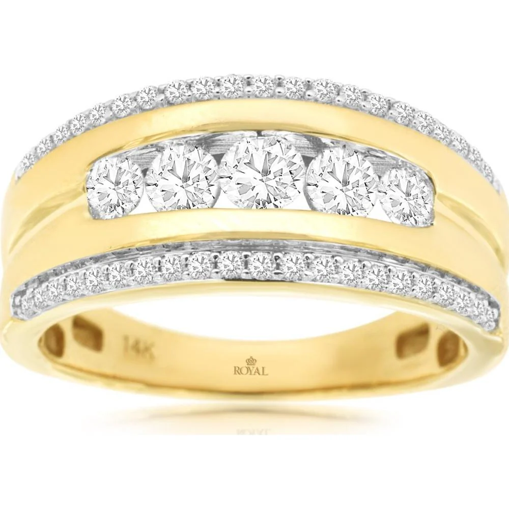 14K Yellow Gold Men's Multi-Row Diamond Band with Channel-Set Round Brilliant Center and Pave Outer Rows - 1.00 Carat Total Diamond Weight - Royal Jewelry