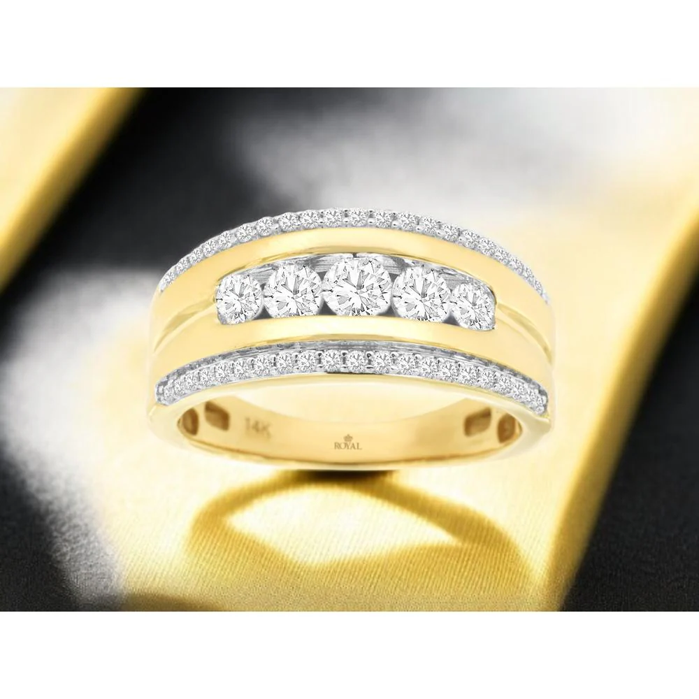 14K Yellow Gold Men's Multi-Row Diamond Band with Channel-Set Round Brilliant Center and Pave Outer Rows - 1.00 Carat Total Diamond Weight - Royal Jewelry - Image 2