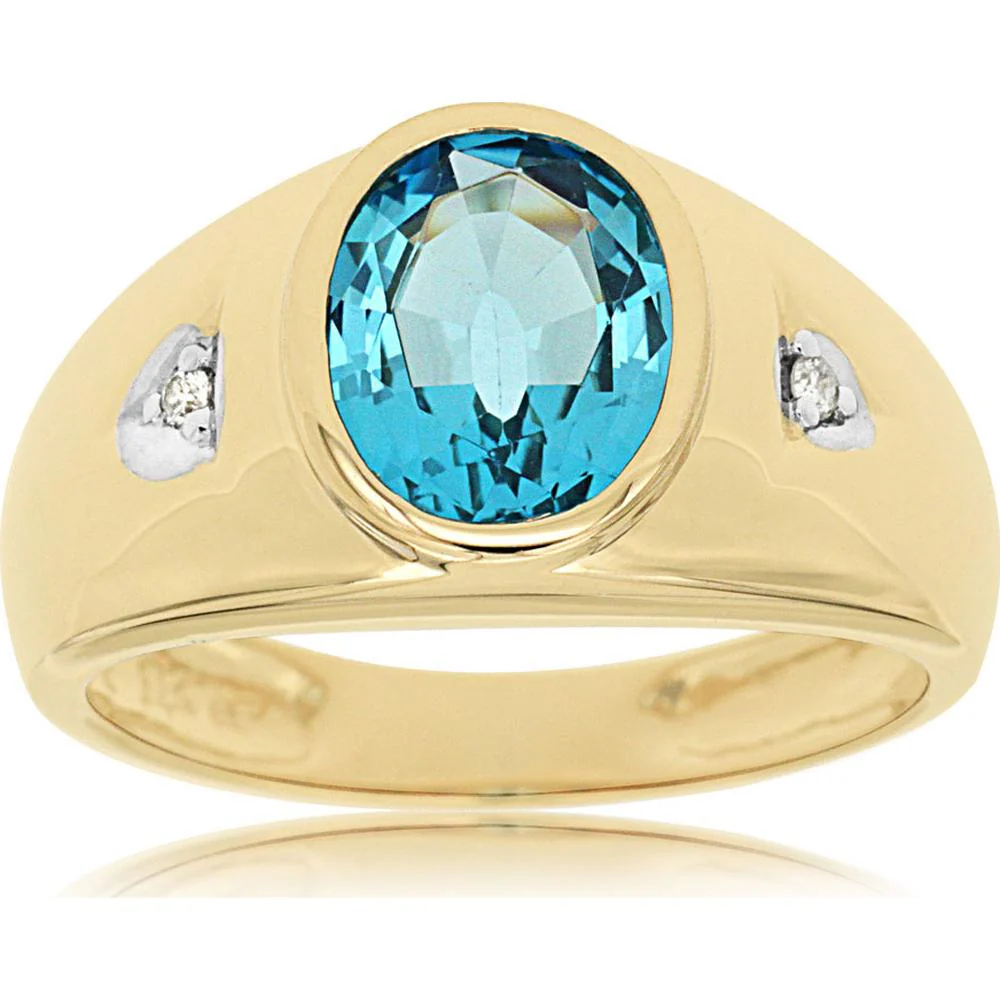 14K Yellow Gold Men's Ring with Oval Blue Topaz and Diamond Accents - 3.25 Carat Blue Topaz & 0.04 Carat Total Diamond Weight - Royal Jewelry