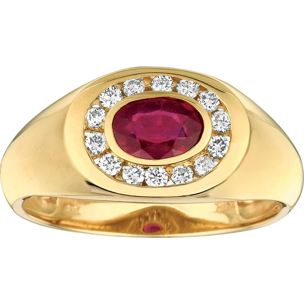 14K Yellow Gold Men's Ruby & Diamond Ring - 0.90 Carats Oval Ruby & 0.30 Carats Total Diamond Weight - Royal Jewelry