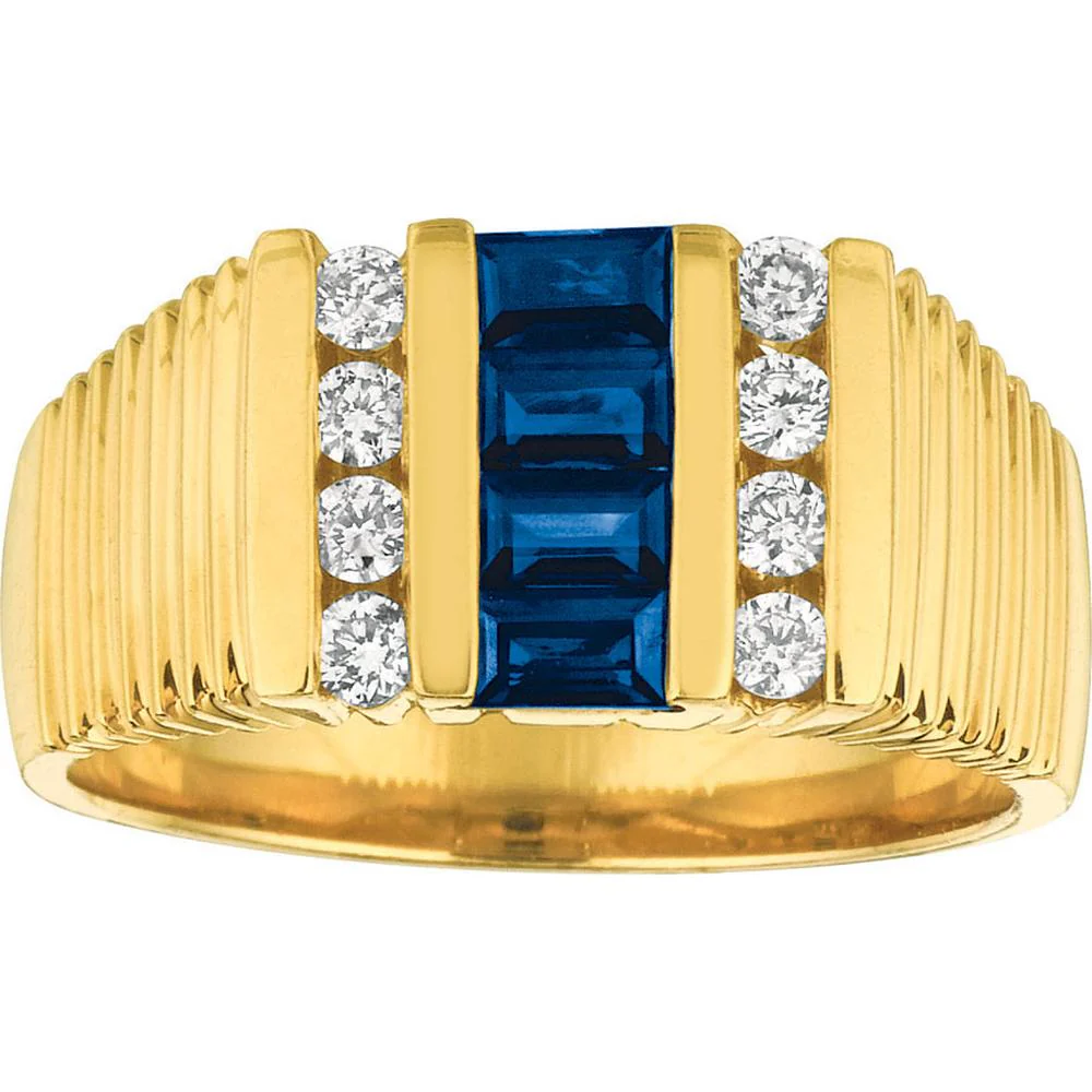 14K Yellow Gold Men's Sapphire and Diamond Ring with Baguette Sapphire and Round Diamonds - 1.29 Carats Total Weight - Royal Jewelry