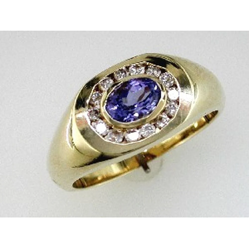 14K Yellow Gold Men's Tanzanite Ring with Diamond Halo - 1.15 Carats Total Gemstone Weight - Royal Jewelry
