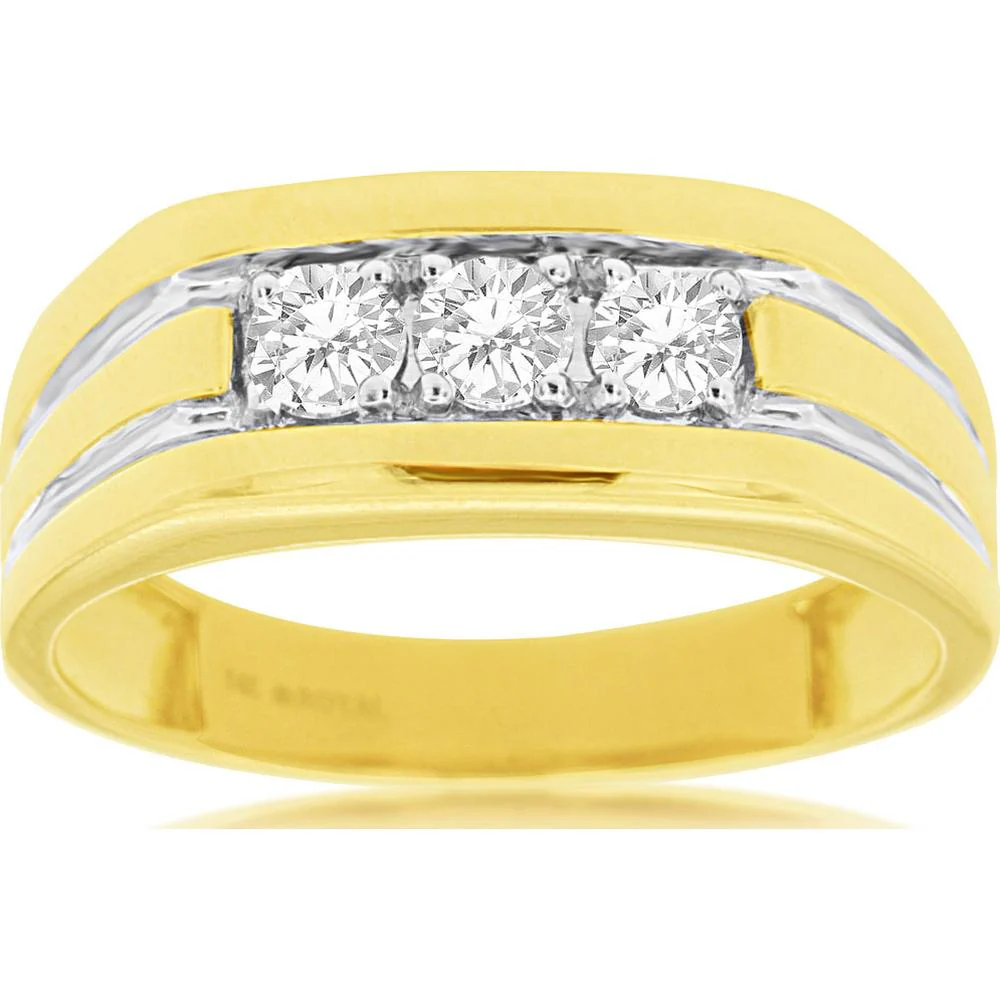 14K Yellow Gold Men's Three-Stone Diamond Ring with Channel Set Round Diamonds - 0.50 Carat Total Weight - Royal Jewelry