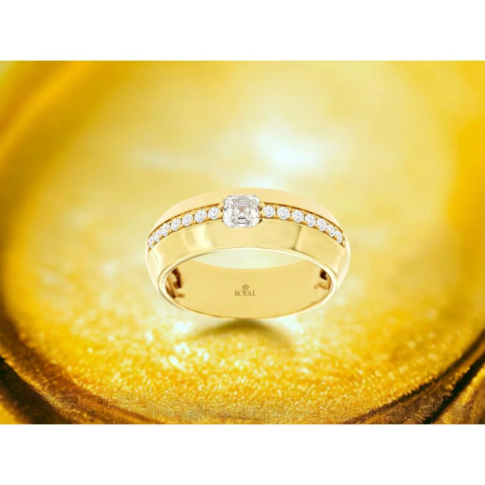 14K Yellow Gold Men's Wide Band Ring with 0.66 Carat Square Emerald Cut Center Diamond and Channel Set Round Diamond Accents - Royal Jewelry - Image 2