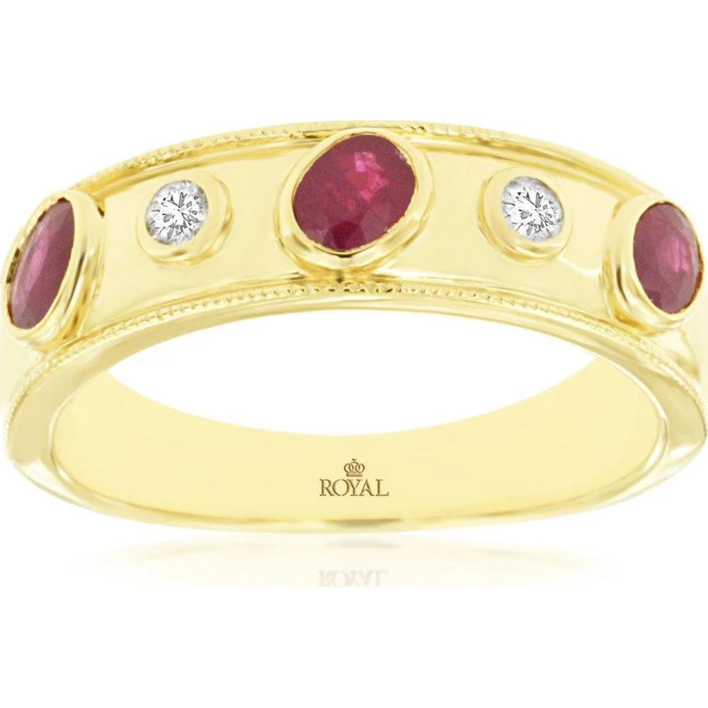 14K Yellow Gold Milgrain Band Ring with Bezel Set Oval Ruby and Round Diamonds - 0.53 Carat Ruby Total, 0.10 Carat Diamond Total - Royal Jewelry