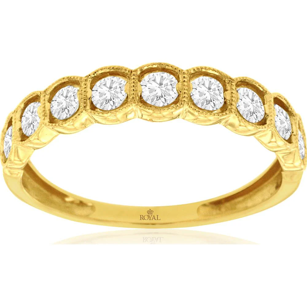 14K Yellow Gold Milgrain Diamond Wedding Band with Bezel-Style Set Round Diamonds - 0.50 Carat Total Diamond Weight - Royal Jewelry