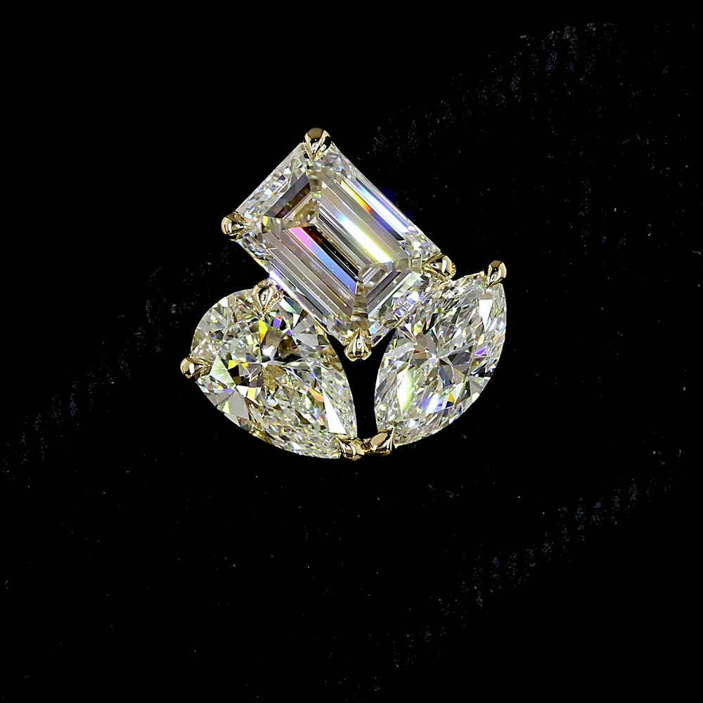 14K Yellow Gold Mixed Shape Cluster Stud Earrings with Emerald, Pear, and Marquise Lab Diamonds - 3.78 Carats Total Diamond Weight - Covaloro Fine Jewelry - Image 2