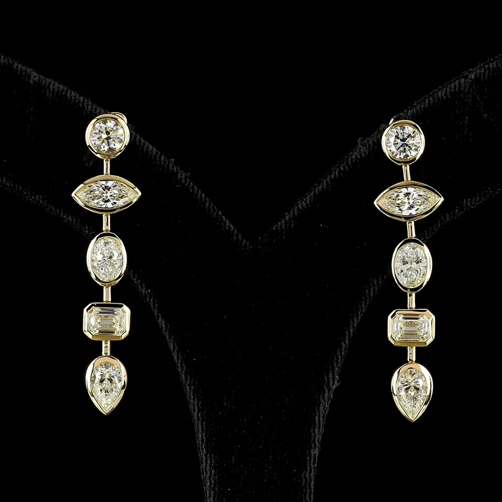 14K Yellow Gold Mixed Shape Drop Earrings with Bezel Set Lab Diamonds - 5.17 Carat Total Weight (E-F VS2) - Covaloro Fine Jewelry