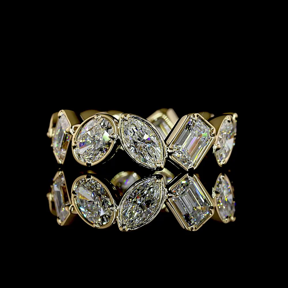 14K Yellow Gold Mixed Shape Eternity Band with Emerald, Oval, and Marquise Lab Diamonds - 4.58 Carats Total Diamond Weight - Covaloro Fine Jewelry