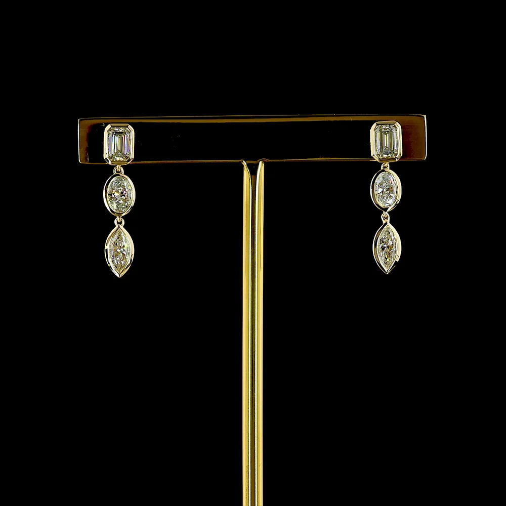 14K Yellow Gold Mixed Shape Hanging Earrings with Bezel Set Emerald, Oval, and Marquise Cut Lab Diamonds - 1.56 Carats Total Diamond Weight - Covaloro Fine Jewelry