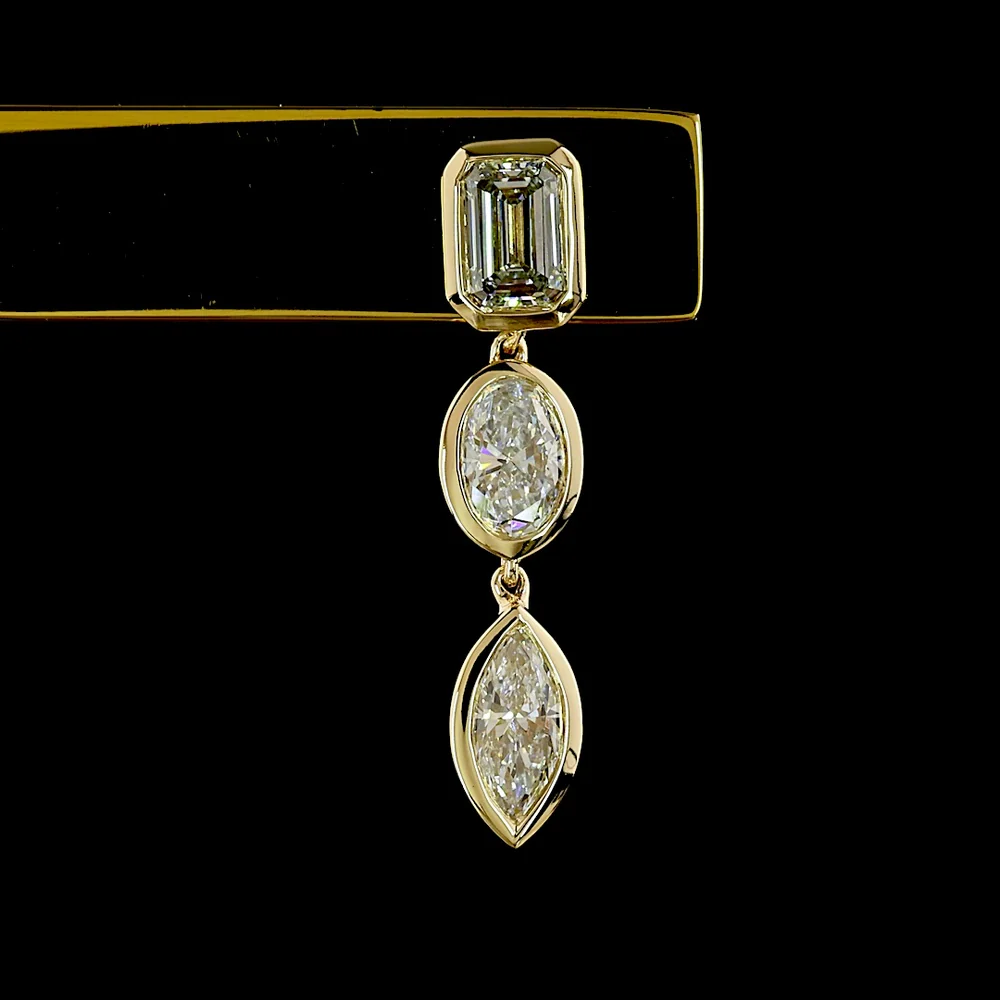 14K Yellow Gold Mixed Shape Hanging Earrings with Bezel Set Emerald, Oval, and Marquise Cut Lab Diamonds - 1.56 Carats Total Diamond Weight - Covaloro Fine Jewelry - Image 2
