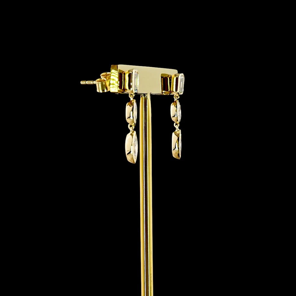 14K Yellow Gold Mixed Shape Hanging Earrings with Bezel Set Emerald, Oval, and Marquise Cut Lab Diamonds - 1.56 Carats Total Diamond Weight - Covaloro Fine Jewelry - Image 3