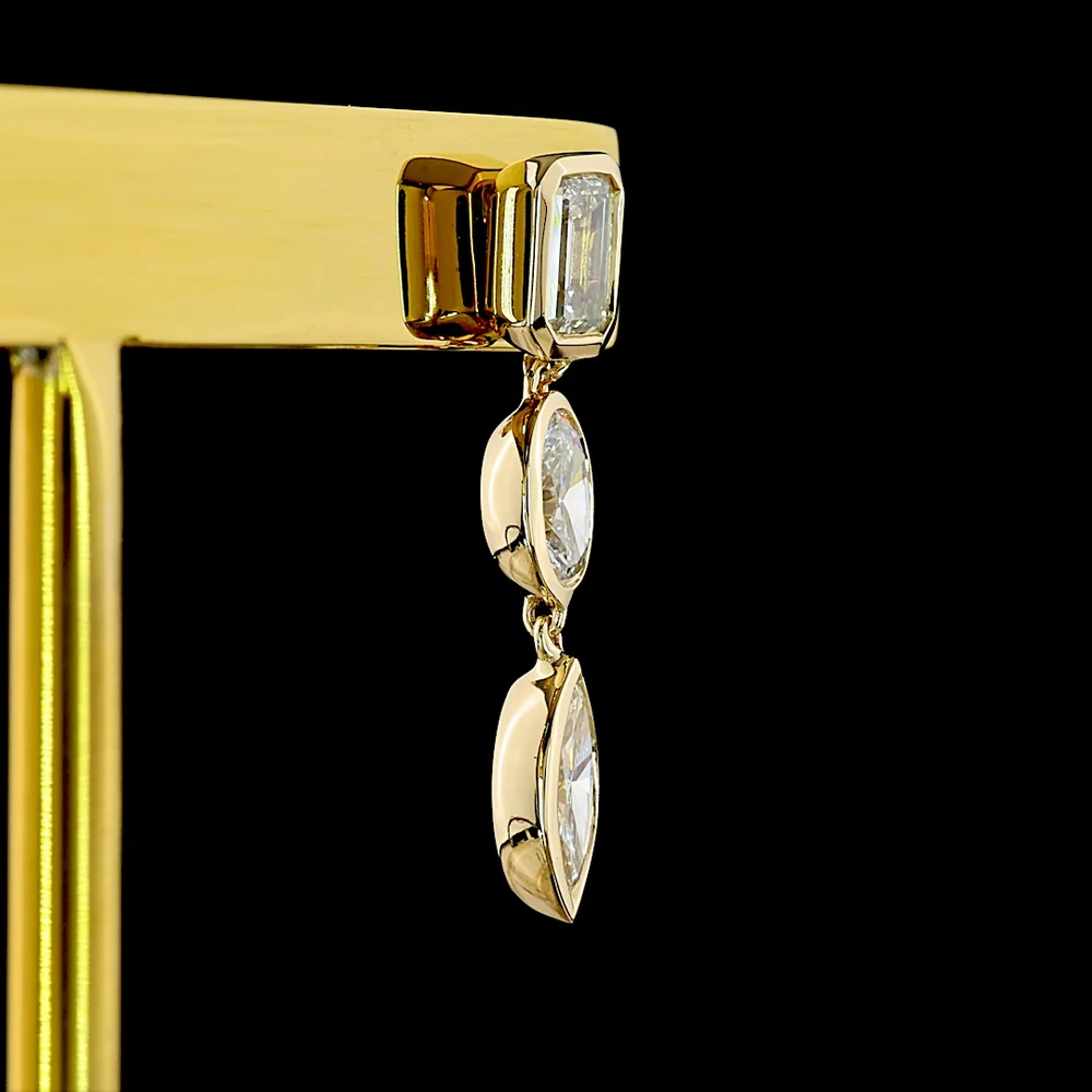 14K Yellow Gold Mixed Shape Hanging Earrings with Bezel Set Emerald, Oval, and Marquise Cut Lab Diamonds - 1.56 Carats Total Diamond Weight - Covaloro Fine Jewelry - Image 4