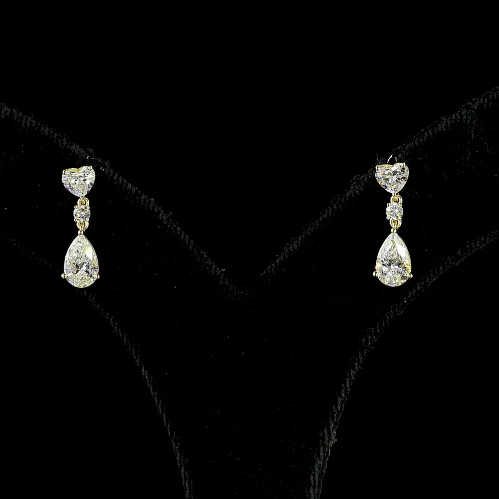 14K Yellow Gold Mixed Shape Hanging Earrings with Heart, Round, and Pear Lab Diamonds - 1.64 Carat Total Diamond Weight (Select Stones) / 3.28 Carat Total Diamond Weight (All Stones) - Covaloro Fine Jewelry - Image 2