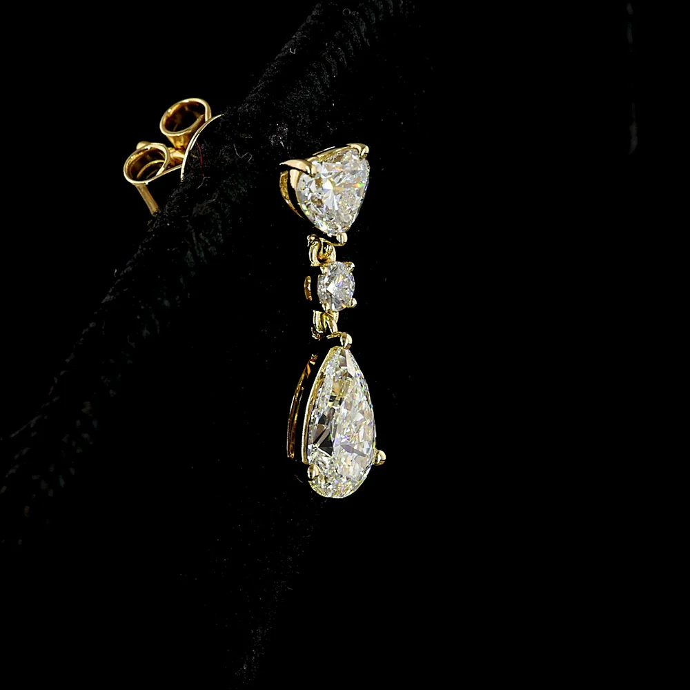 14K Yellow Gold Mixed Shape Hanging Earrings with Heart, Round, and Pear Lab Diamonds - 1.64 Carat Total Diamond Weight (Select Stones) / 3.28 Carat Total Diamond Weight (All Stones) - Covaloro Fine Jewelry - Image 3