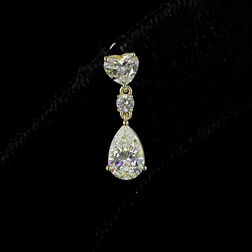 14K Yellow Gold Mixed Shape Hanging Earrings with Heart, Round, and Pear Lab Diamonds - 1.64 Carat Total Diamond Weight (Select Stones) / 3.28 Carat Total Diamond Weight (All Stones) - Covaloro Fine Jewelry - Image 4