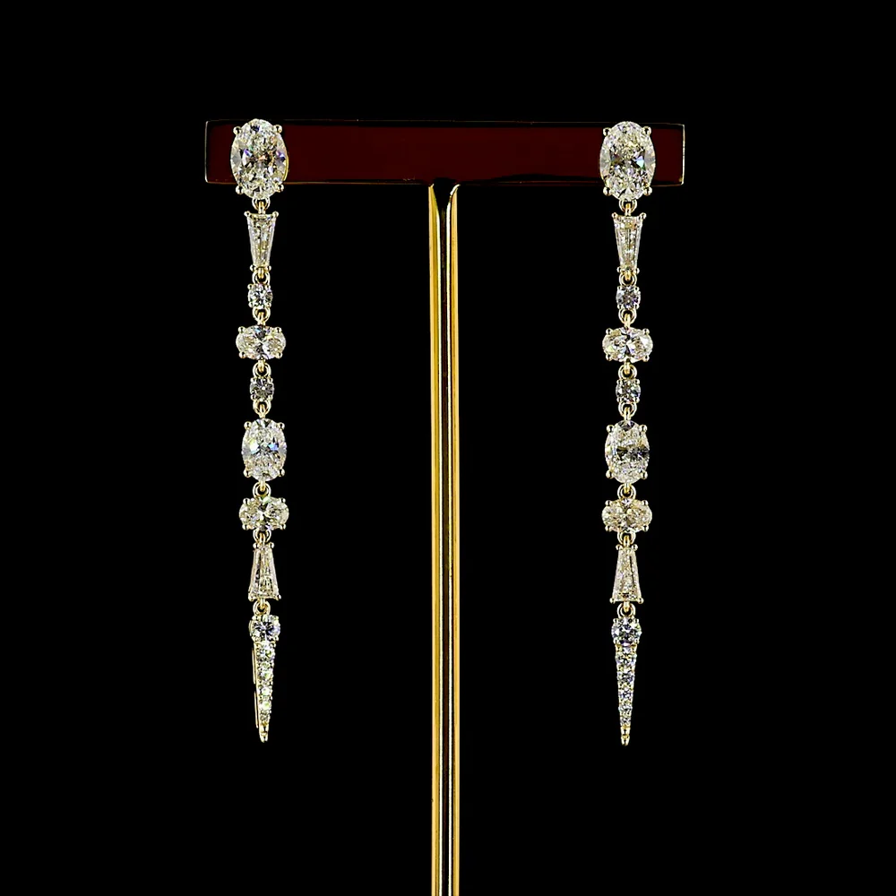 14K Yellow Gold Mixed Shape Hanging Earrings with Oval and Baguette Lab Diamonds - 5.65 Carats Total Diamond Weight - Covaloro Fine Jewelry