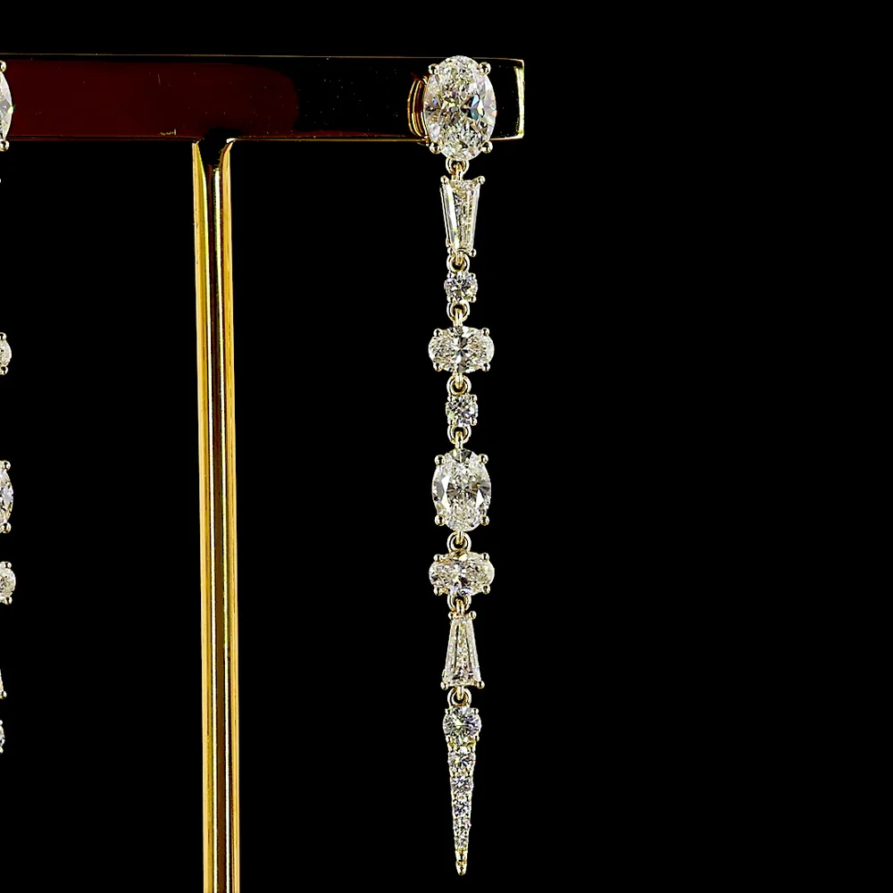 14K Yellow Gold Mixed Shape Hanging Earrings with Oval and Baguette Lab Diamonds - 5.65 Carats Total Diamond Weight - Covaloro Fine Jewelry - Image 2