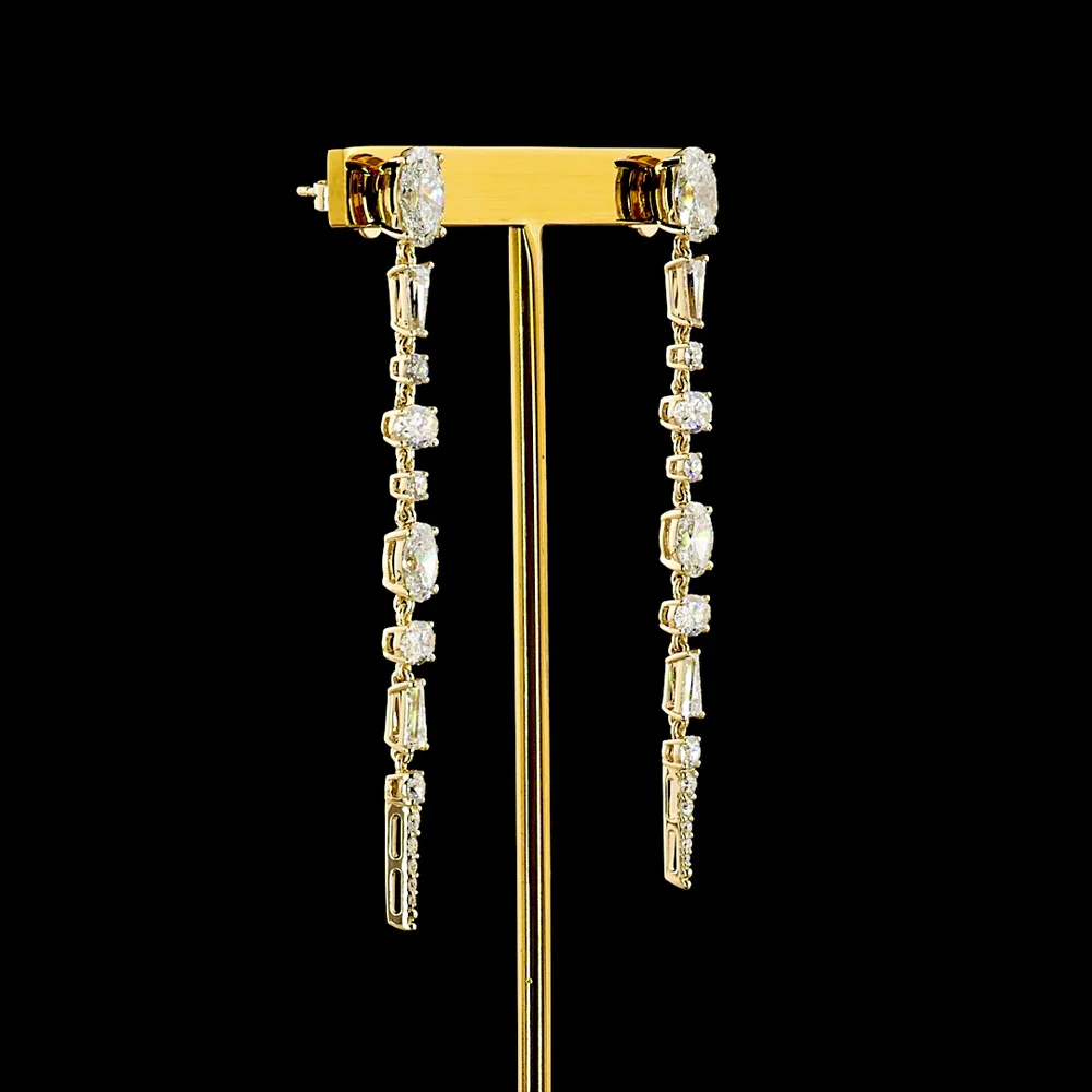 14K Yellow Gold Mixed Shape Hanging Earrings with Oval and Baguette Lab Diamonds - 5.65 Carats Total Diamond Weight - Covaloro Fine Jewelry - Image 3
