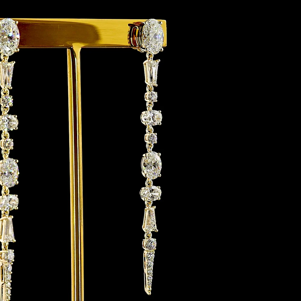 14K Yellow Gold Mixed Shape Hanging Earrings with Oval and Baguette Lab Diamonds - 5.65 Carats Total Diamond Weight - Covaloro Fine Jewelry - Image 4