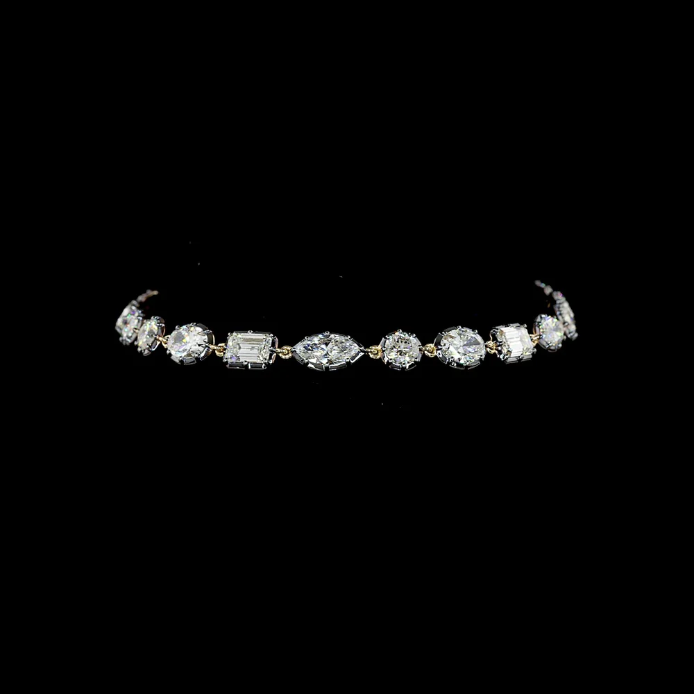 14K Yellow Gold Mixed Shape Station Bracelet with Emerald, Oval, Marquise, and Round Lab Diamonds - 8.35 Carats Total Diamond Weight - Covaloro Fine Jewelry