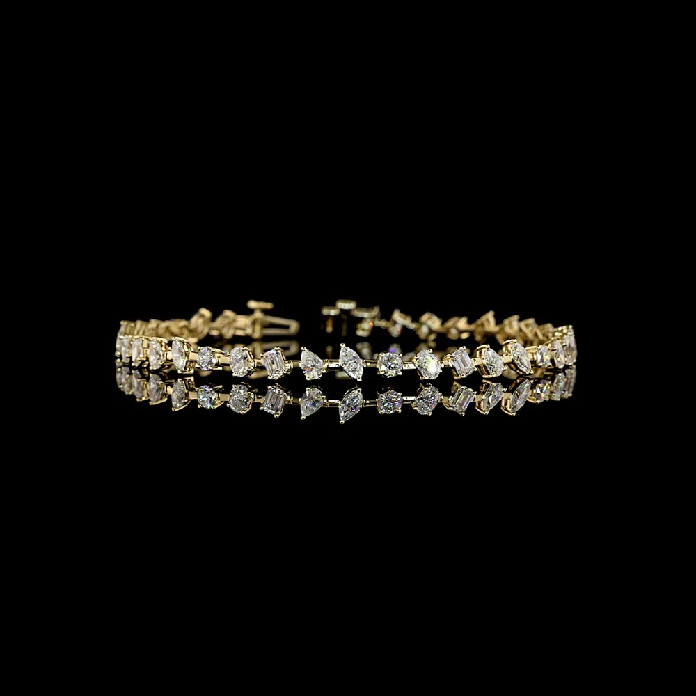 14K Yellow Gold Mixed Shape Station Bracelet with Emerald, Oval, Pear, and Marquise Cut Lab Diamonds - 3.87 Carat Total Weight (E-F Color, VS Clarity) - Covaloro Fine Jewelry