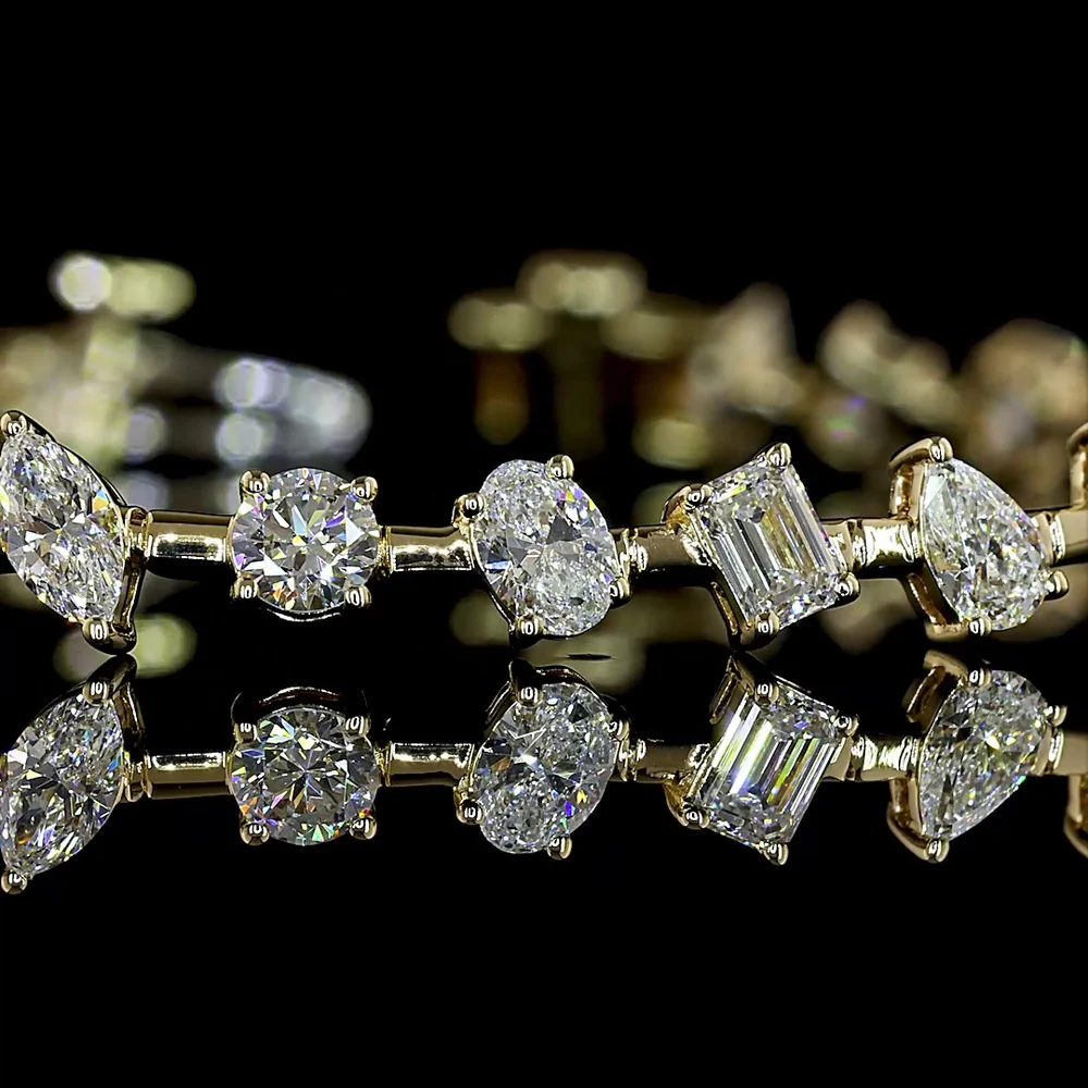 14K Yellow Gold Mixed Shape Station Bracelet with Emerald, Oval, Pear, and Marquise Cut Lab Diamonds - 3.87 Carat Total Weight (E-F Color, VS Clarity) - Covaloro Fine Jewelry - Image 2