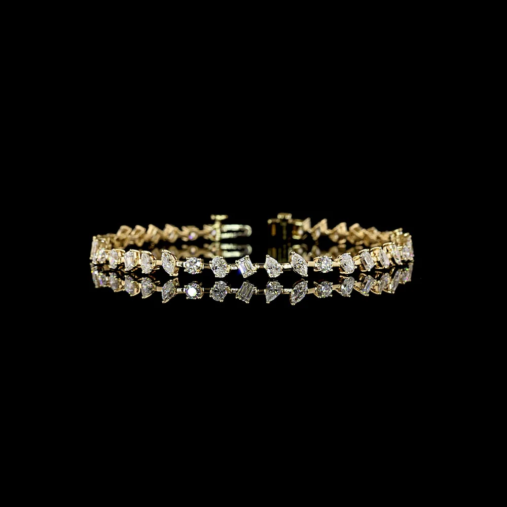 14K Yellow Gold Mixed Shape Station Bracelet with Oval, Emerald, Round, and Marquise Lab Diamonds - 3.98 Carat Total Diamond Weight - Covaloro Fine Jewelry