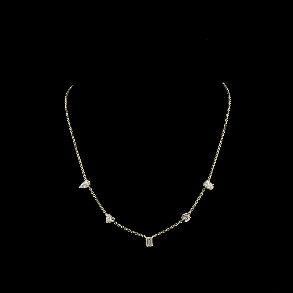 14K Yellow Gold Mixed Shape Station Necklace with Brilliant, Oval, Heart, Pear, and Emerald Cut Lab Diamonds - 2.60 Carats Total Diamond Weight - Covaloro Fine Jewelry