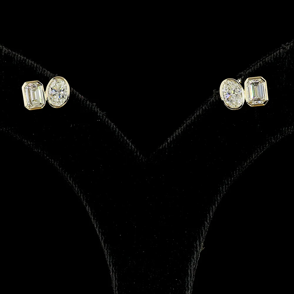 14K Yellow Gold Mixed Shape Stud Earrings with Bezel Set Oval and Emerald Cut Lab Diamonds - 1.83 Carats Total Diamond Weight - Covaloro Fine Jewelry - Image 2