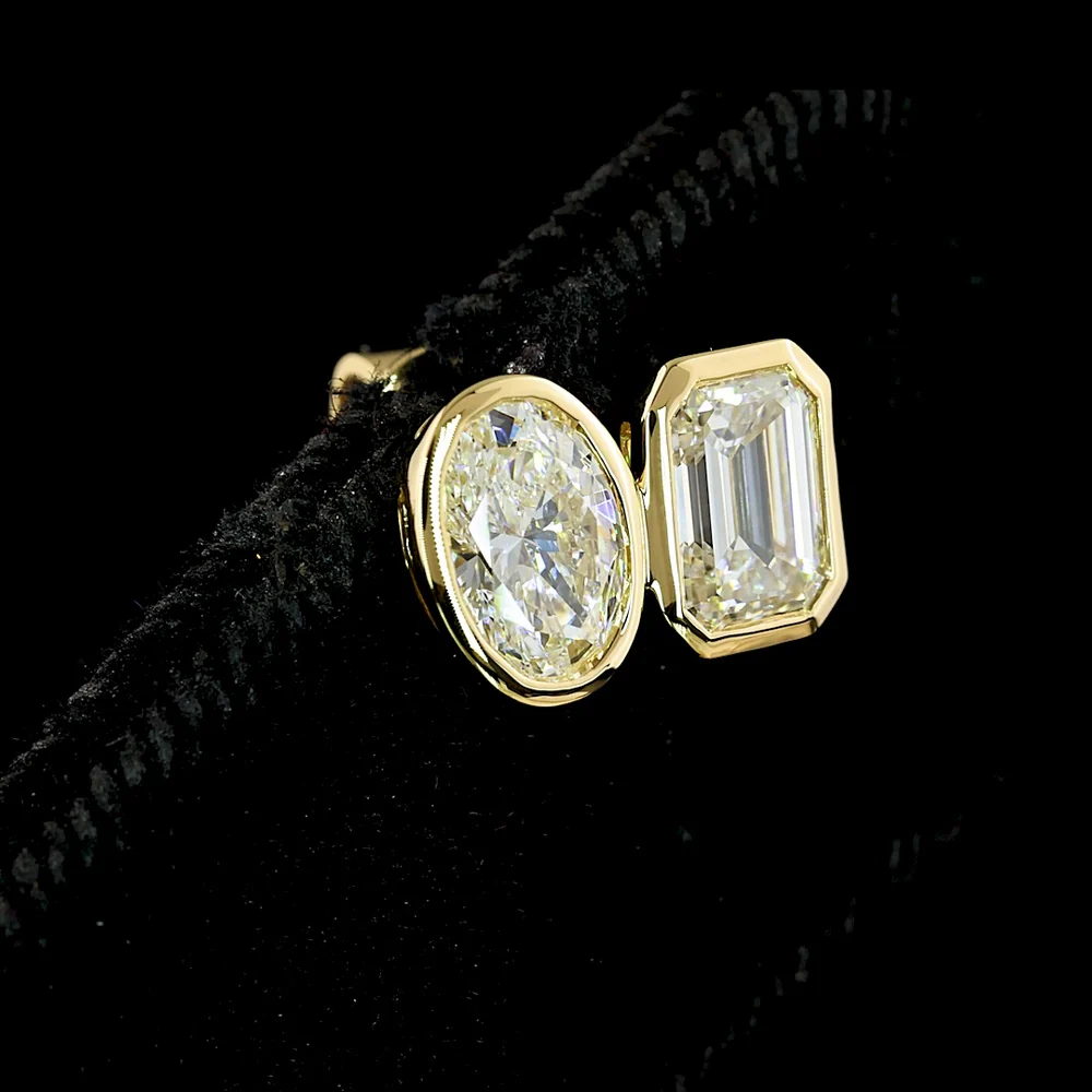 14K Yellow Gold Mixed Shape Stud Earrings with Bezel Set Oval and Emerald Cut Lab Diamonds - 1.83 Carats Total Diamond Weight - Covaloro Fine Jewelry - Image 3