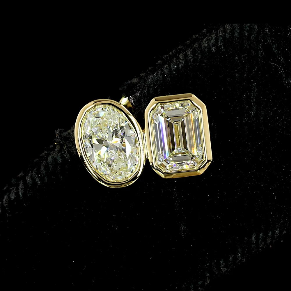 14K Yellow Gold Mixed Shape Stud Earrings with Bezel Set Oval and Emerald Cut Lab Diamonds - 1.83 Carats Total Diamond Weight - Covaloro Fine Jewelry - Image 4