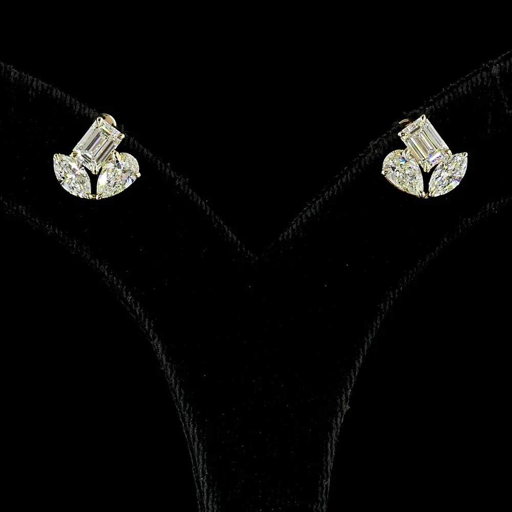 14K Yellow Gold Mixed Shape Stud Earrings with Emerald, Marquise, and Pear Lab Diamonds - 2.94 Carat Total Weight - Covaloro Fine Jewelry