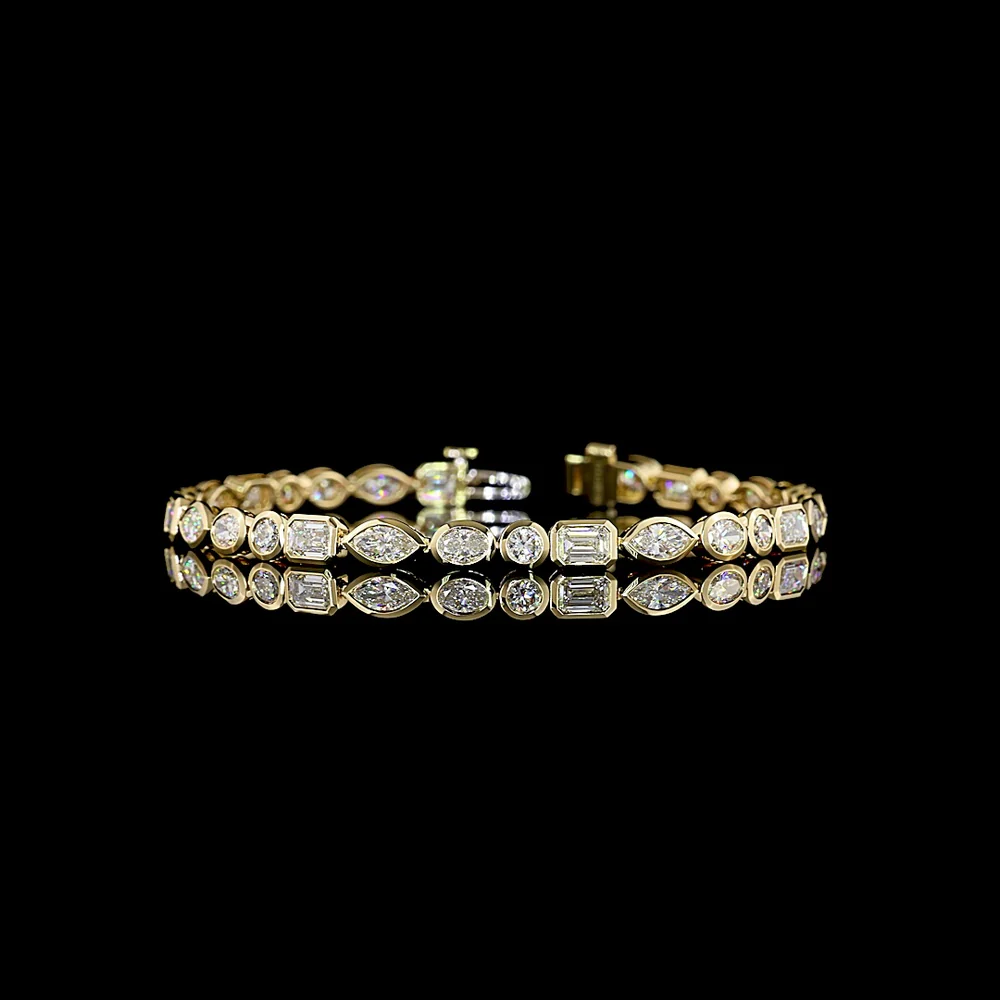 14K Yellow Gold Mixed Shape Tennis Bracelet with Bezel-Set Emerald and Marquise Lab Diamonds - 6.58 Carat Total Diamond Weight - Covaloro Fine Jewelry