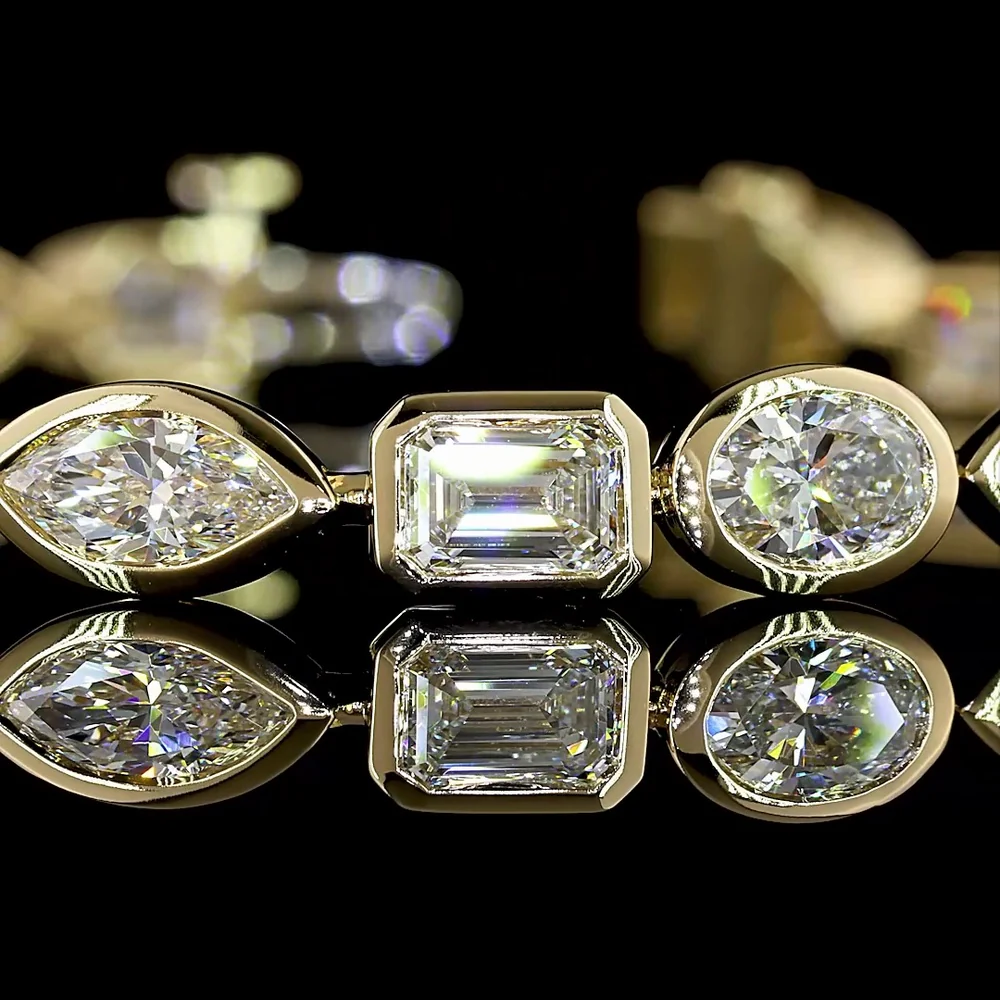 14K Yellow Gold Mixed Shape Tennis Bracelet with Bezel Set Emerald, Marquise, and Oval Lab Diamonds - 9.98 Carats Total Diamond Weight - Covaloro Fine Jewelry - Image 2