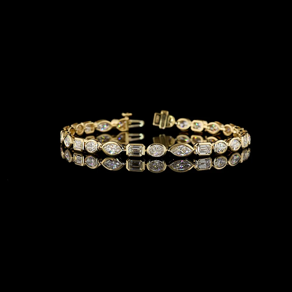 14K Yellow Gold Mixed Shape Tennis Bracelet with Bezel Set Emerald, Marquise & Oval Lab Grown Diamonds - 7.56 Carats Total Diamond Weight - Covaloro Fine Jewelry