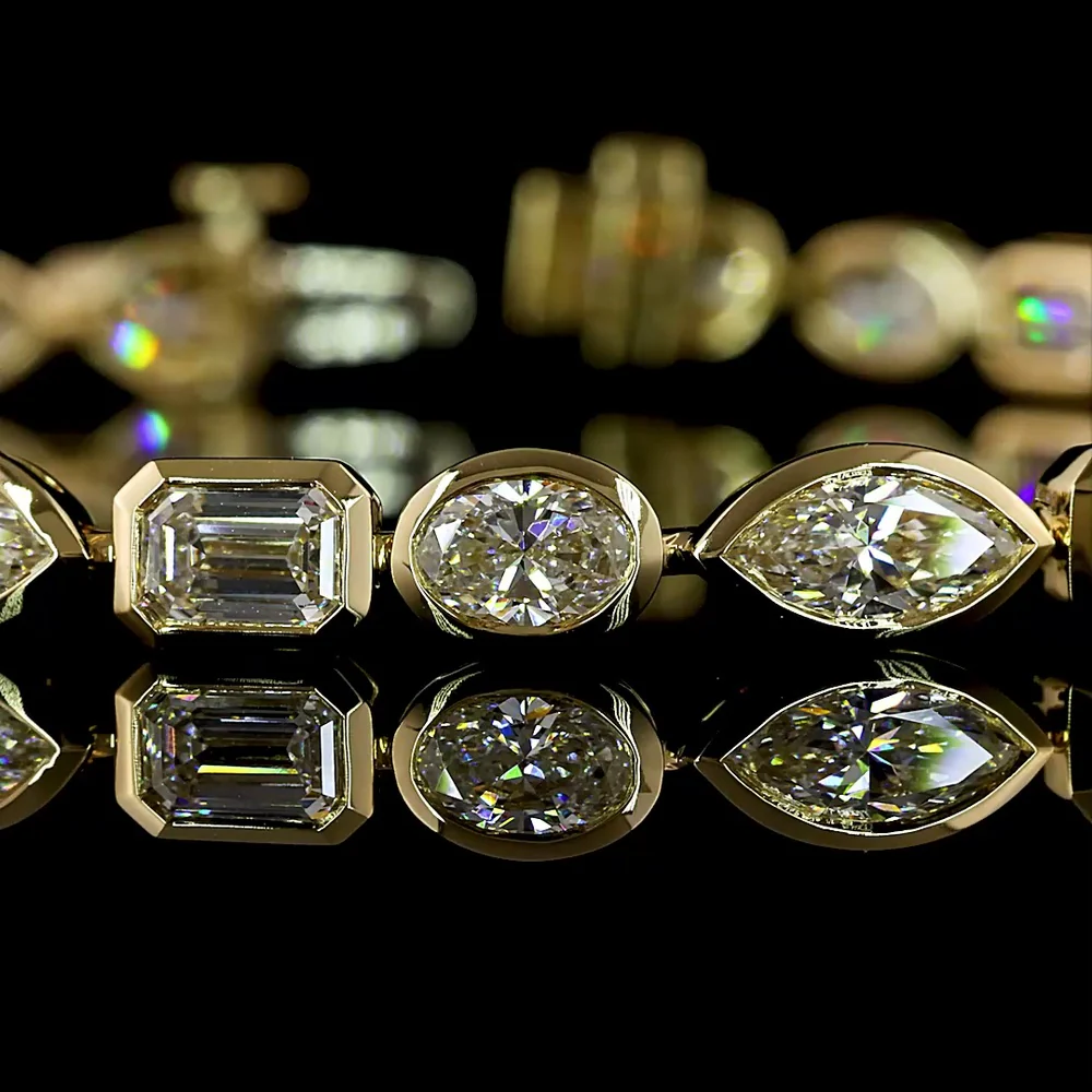 14K Yellow Gold Mixed Shape Tennis Bracelet with Bezel Set Emerald, Marquise & Oval Lab Grown Diamonds - 7.56 Carats Total Diamond Weight - Covaloro Fine Jewelry - Image 2