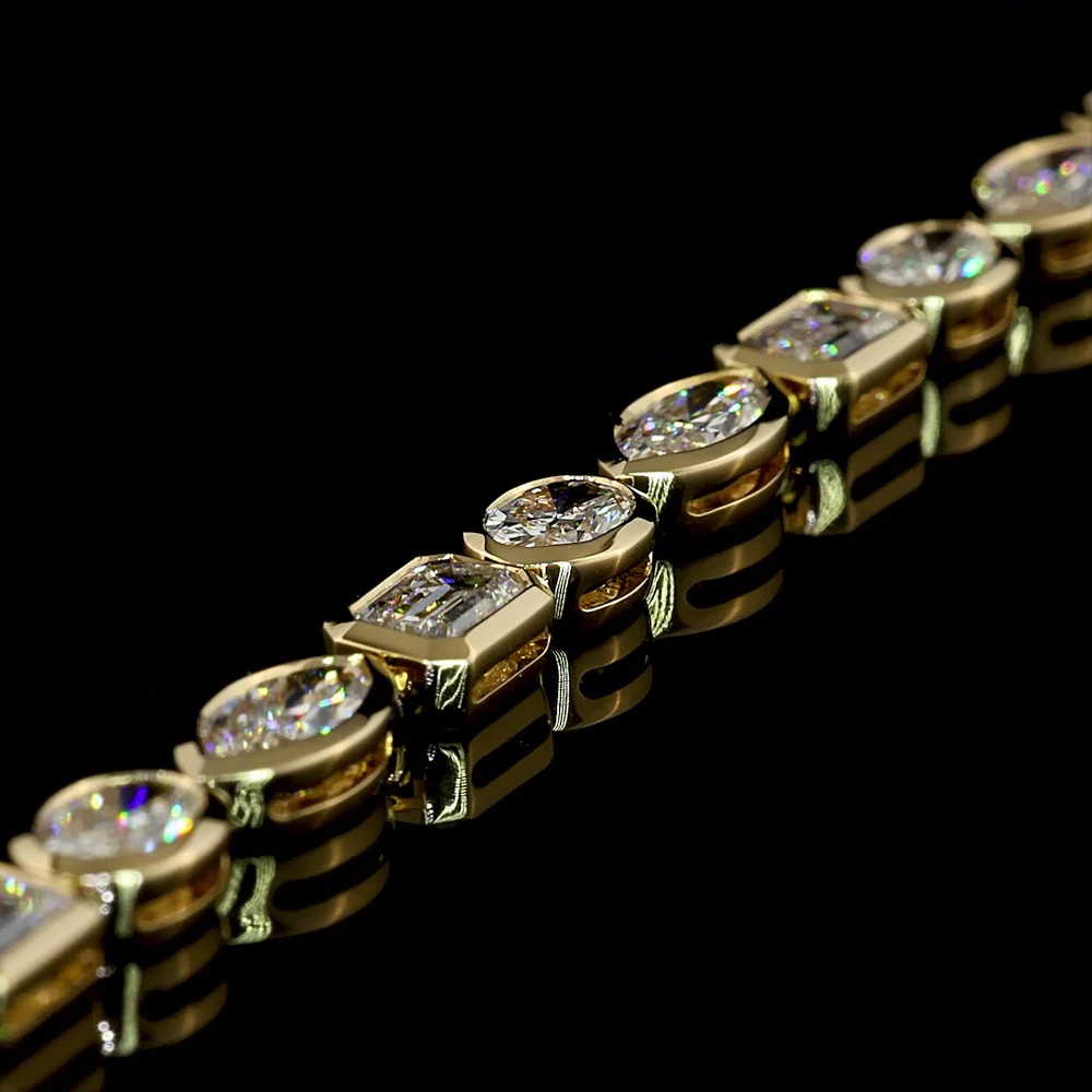 14K Yellow Gold Mixed Shape Tennis Bracelet with Bezel Set Emerald, Marquise & Oval Lab Grown Diamonds - 7.56 Carats Total Diamond Weight - Covaloro Fine Jewelry - Image 3
