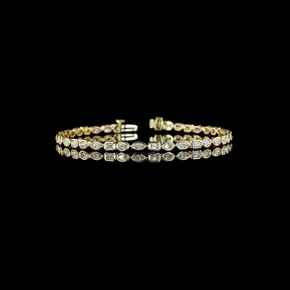 14K Yellow Gold Mixed Shape Tennis Bracelet with Bezel-Set Emerald, Oval, and Marquise Natural Diamonds - 5.32 Carat Total Weight - Covaloro Fine Jewelry