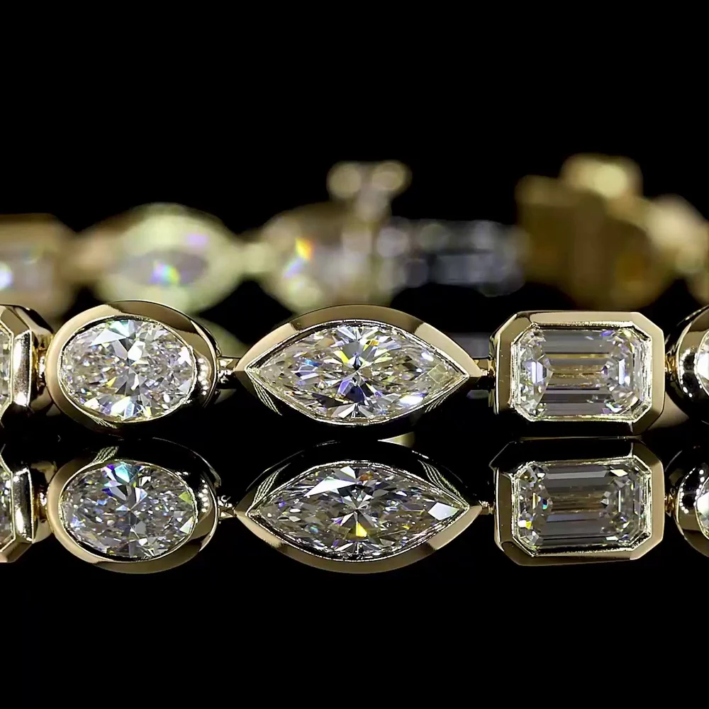 14K Yellow Gold Mixed Shape Tennis Bracelet with Bezel Set Marquise, Emerald, and Oval Lab Diamonds - 6.74 Carat Total Weight - Covaloro Fine Jewelry - Image 2