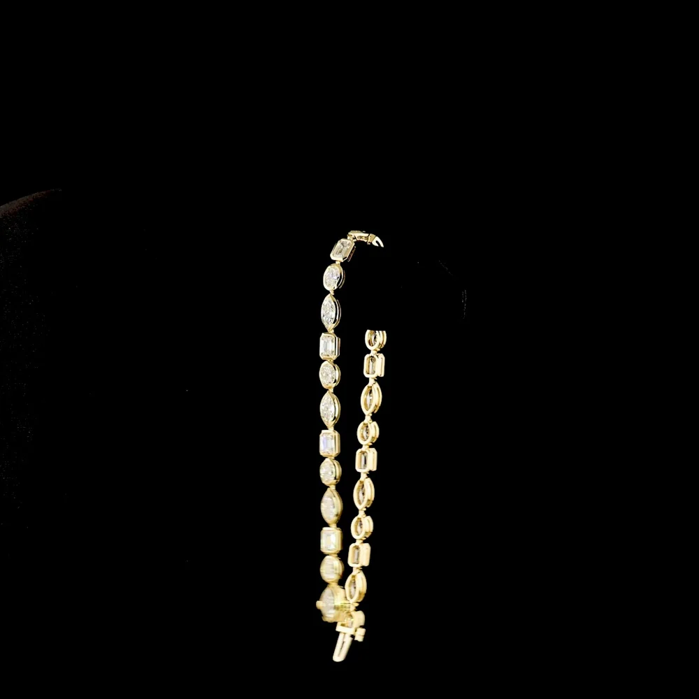 14K Yellow Gold Mixed Shape Tennis Bracelet with Bezel Set Marquise, Emerald, and Oval Lab Diamonds - 6.74 Carat Total Weight - Covaloro Fine Jewelry - Image 3