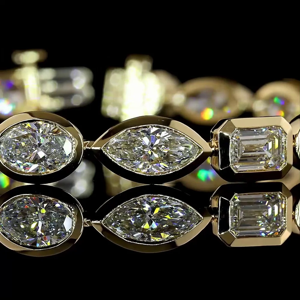 14K Yellow Gold Mixed Shape Tennis Bracelet with Bezel Set Oval, Emerald, and Marquise Lab Diamonds - 12.69 Carat Total Diamond Weight - Covaloro Fine Jewelry - Image 2