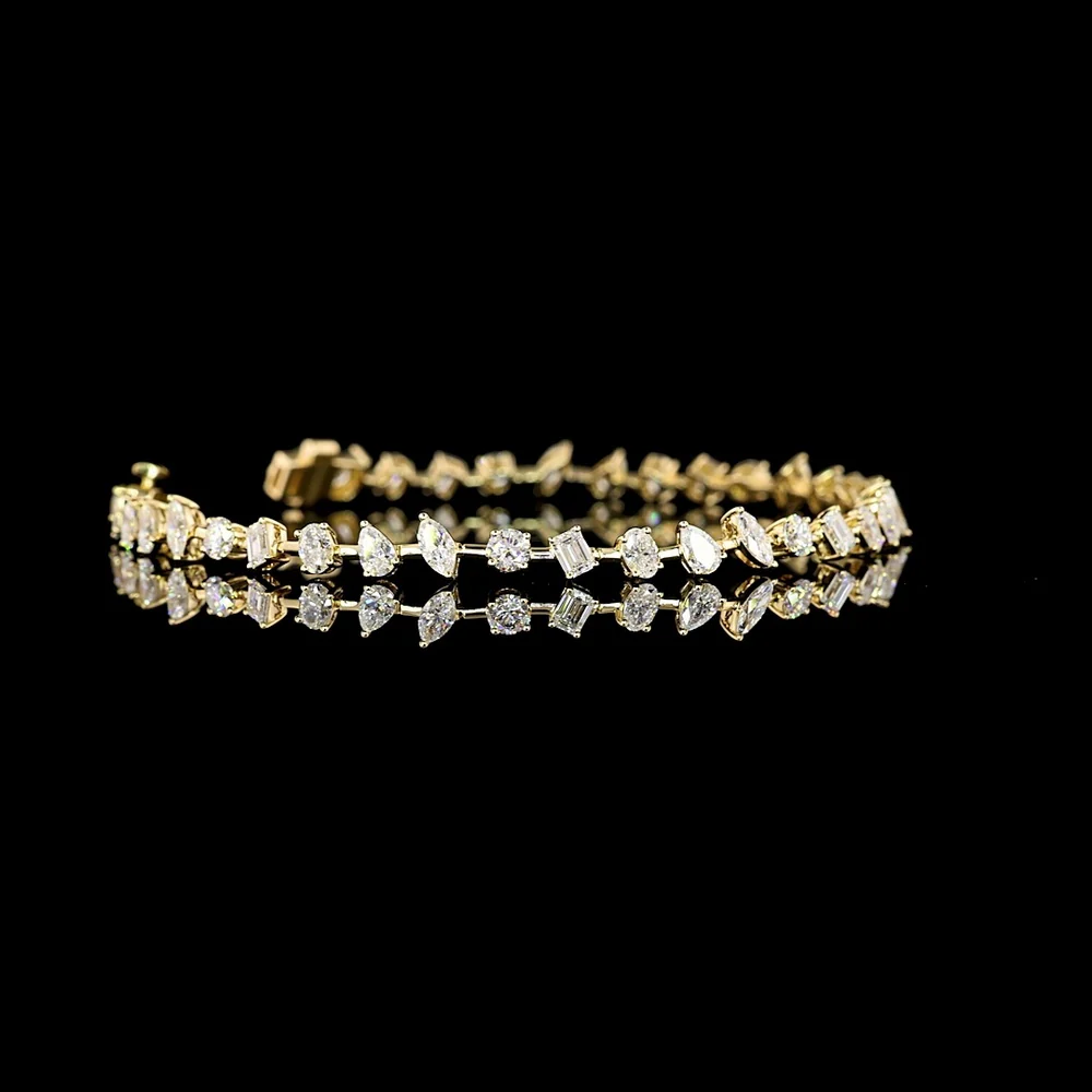 14K Yellow Gold Mixed Shape Tennis Bracelet with Inclined Prong Set Emerald & Brilliant Cut Lab Diamonds - 3.84 Total Carat Weight - Covaloro Fine Jewelry