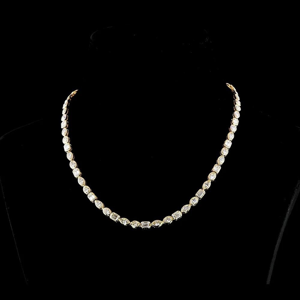 14K Yellow Gold Mixed Shape Tennis Necklace with Bezel Set Emerald, Oval, and Marquise Lab Diamonds - 15.91 Carats Total Diamond Weight - Covaloro Fine Jewelry