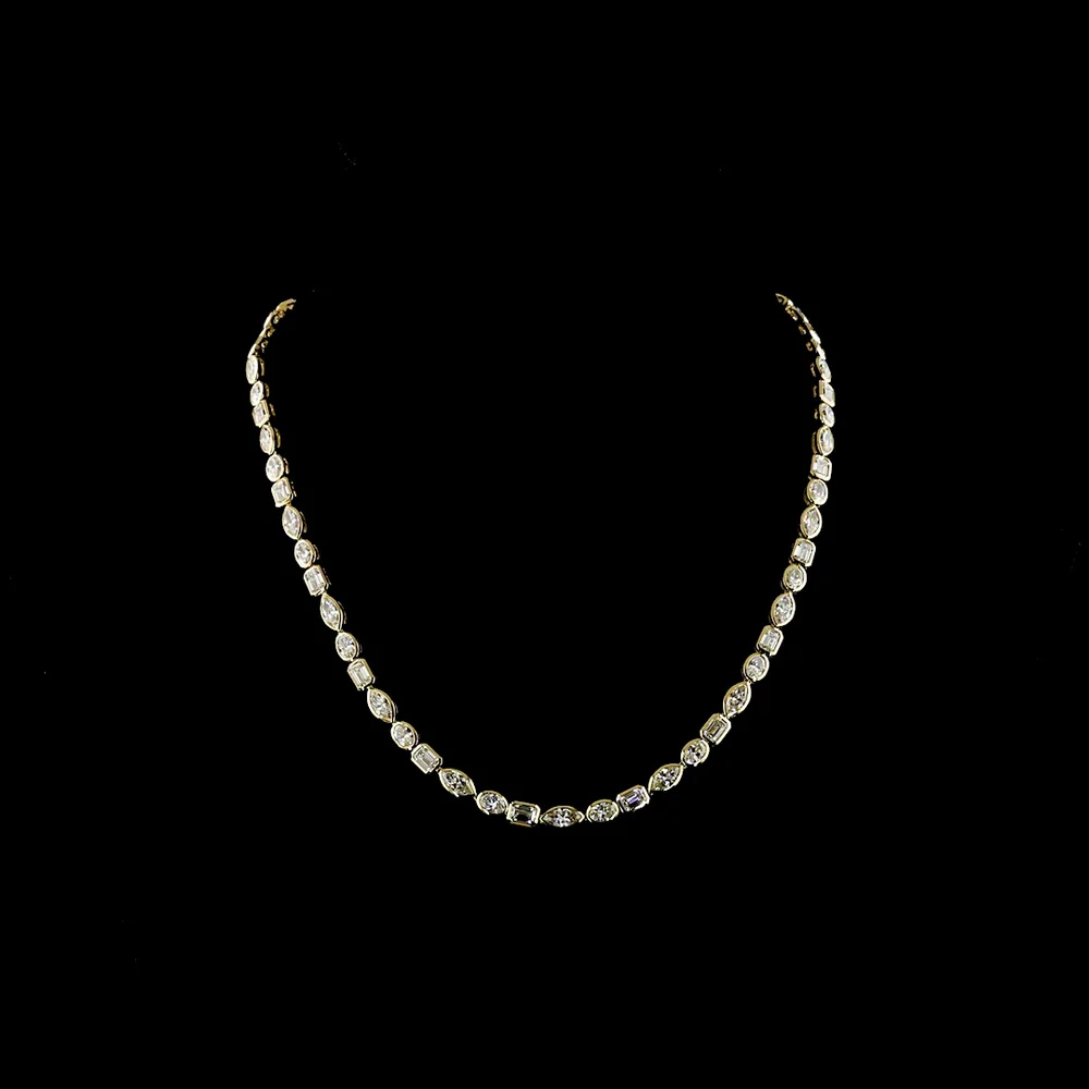 14K Yellow Gold Mixed Shape Tennis Necklace with Bezel-Set Emerald, Oval, and Marquise Natural Diamonds - 17.69 Carat Total Diamond Weight (E-F Color, VS Clarity) - Covaloro Fine Jewelry