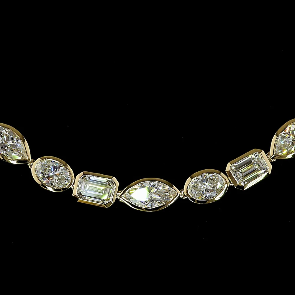 14K Yellow Gold Mixed Shape Tennis Necklace with Bezel-Set Emerald, Oval, and Marquise Natural Diamonds - 17.69 Carat Total Diamond Weight (E-F Color, VS Clarity) - Covaloro Fine Jewelry - Image 2