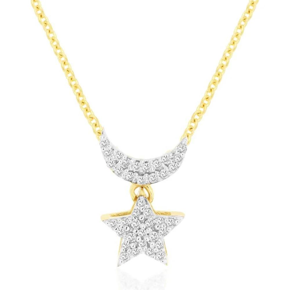 14K Yellow Gold Moon and Star Pendant with Pavé Set Round Diamonds - 0.12 Carat Total Diamond Weight - Royal Jewelry