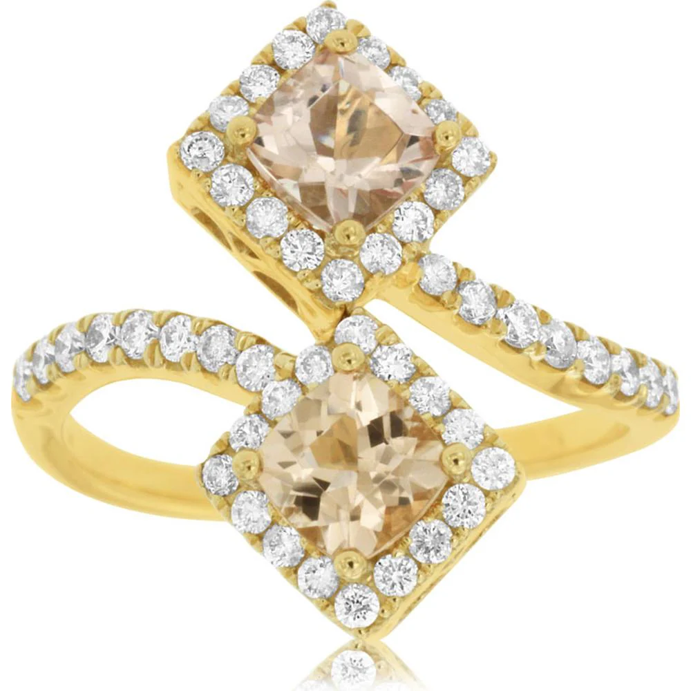 14K Yellow Gold Morganite & Diamond Cushion Cut Ring - 1.54 Carats Total Gem Weight - Royal Jewelry